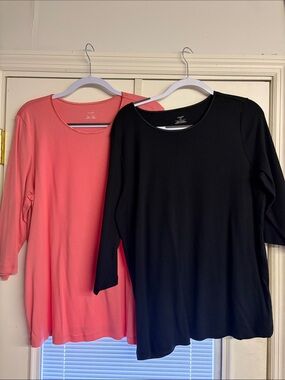 CJ Banks Coral and Black Long Sleeve Crewneck Tops
